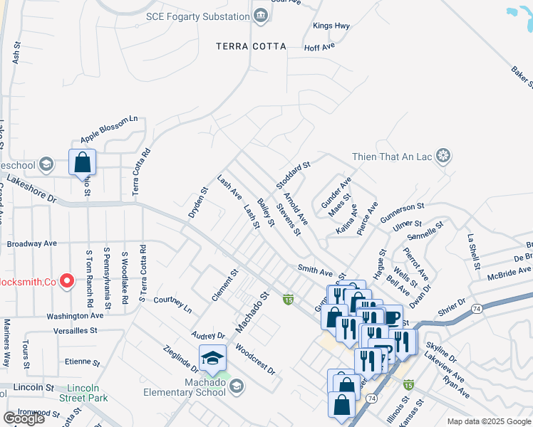 map of restaurants, bars, coffee shops, grocery stores, and more near Bailey Street in Lake Elsinore