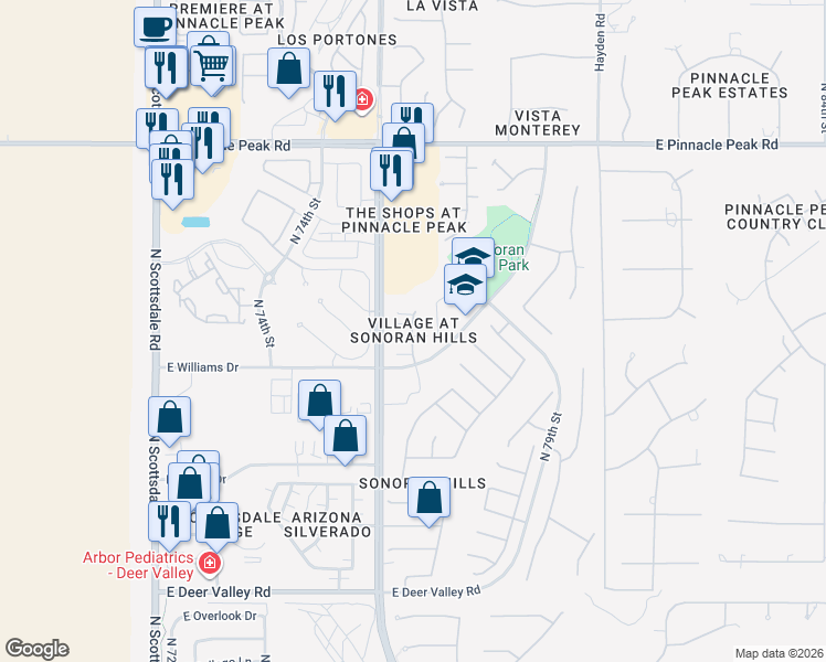 map of restaurants, bars, coffee shops, grocery stores, and more near 7650 East Williams Drive in Scottsdale