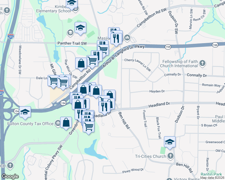 map of restaurants, bars, coffee shops, grocery stores, and more near 2288 Ben Hill Road in Atlanta