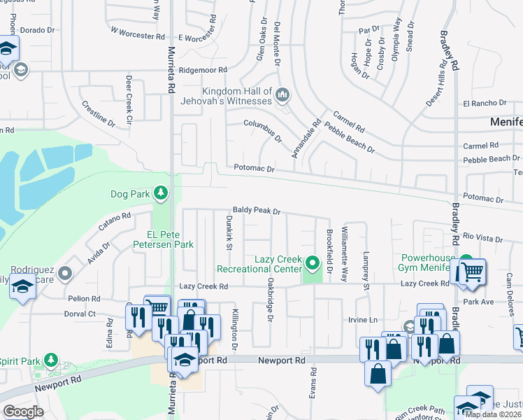 map of restaurants, bars, coffee shops, grocery stores, and more near 26322 Baldy Peak Drive in Menifee