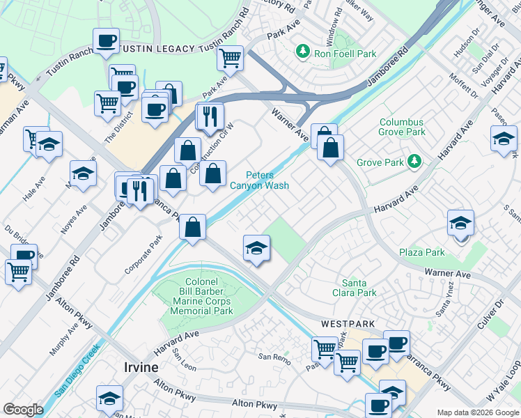 map of restaurants, bars, coffee shops, grocery stores, and more near 327 Silk Tree in Irvine