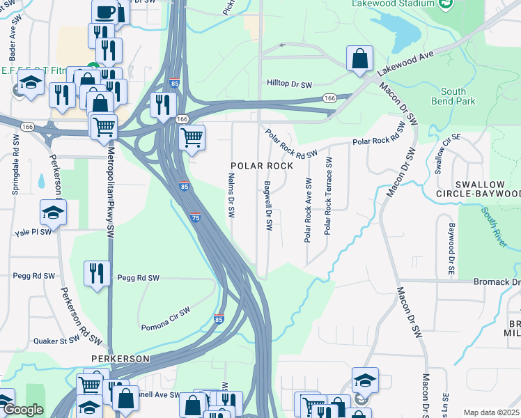 map of restaurants, bars, coffee shops, grocery stores, and more near 2264 Pryor Road Southwest in Atlanta
