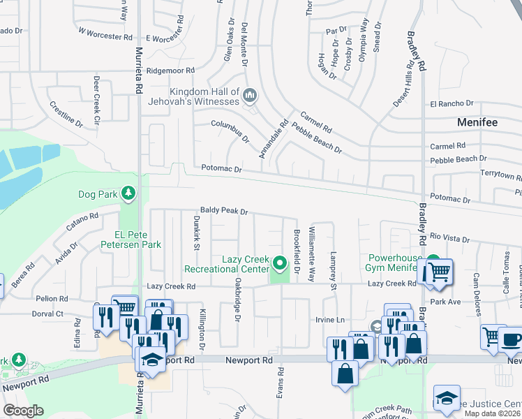 map of restaurants, bars, coffee shops, grocery stores, and more near 26414 Baldy Peak Drive in Menifee