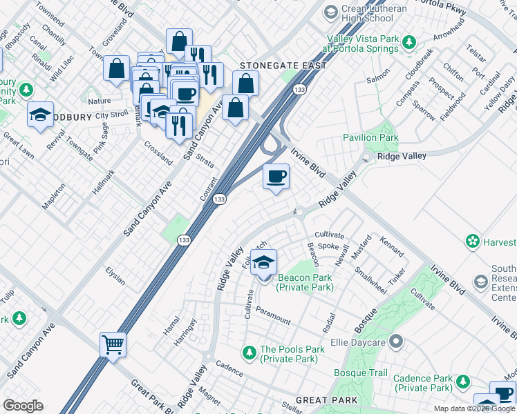 map of restaurants, bars, coffee shops, grocery stores, and more near 331 Novel in Irvine