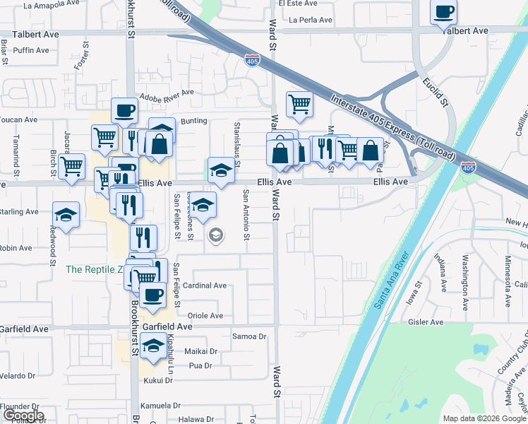 map of restaurants, bars, coffee shops, grocery stores, and more near 10460 Waxwing Circle in Fountain Valley
