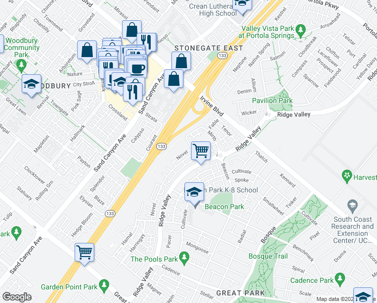 map of restaurants, bars, coffee shops, grocery stores, and more near 291 Novel in Irvine