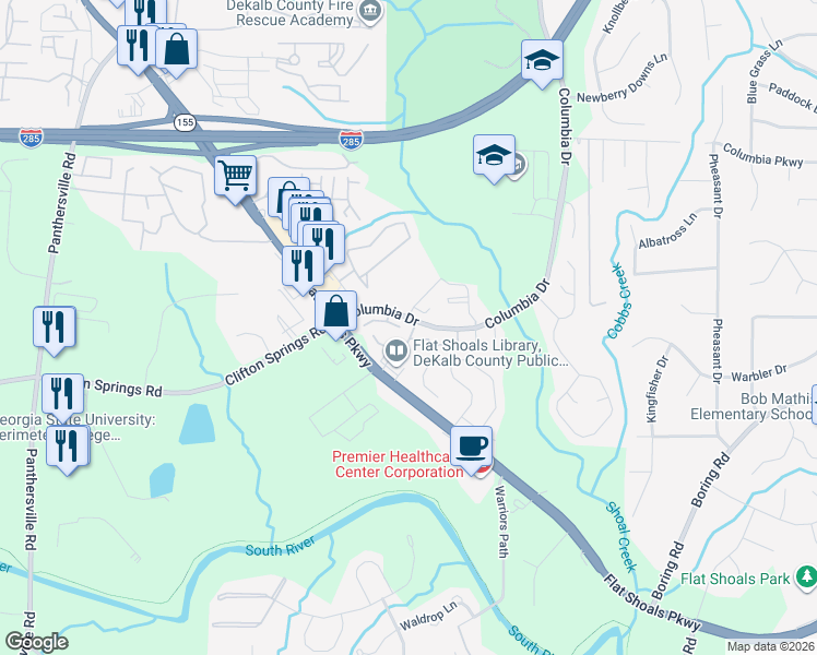 map of restaurants, bars, coffee shops, grocery stores, and more near 3208 Quincetree Lane in Decatur