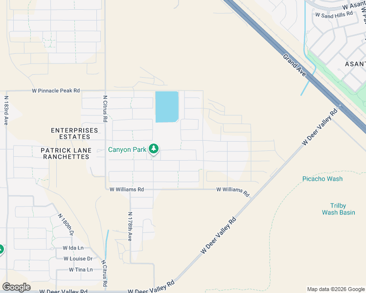 map of restaurants, bars, coffee shops, grocery stores, and more near 17580 West Patrick Lane in Surprise