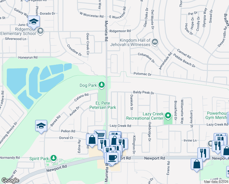 map of restaurants, bars, coffee shops, grocery stores, and more near 26414 Baldy Peak Drive in Menifee