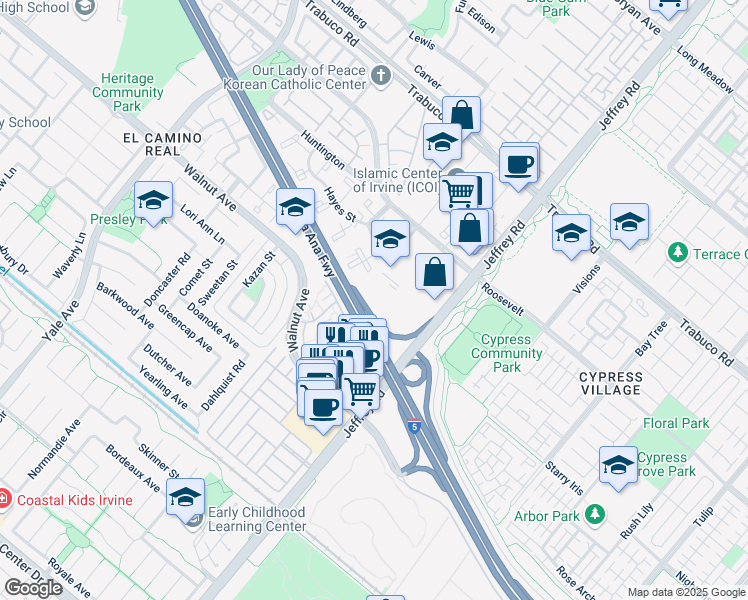 map of restaurants, bars, coffee shops, grocery stores, and more near Unnamed Road in Irvine