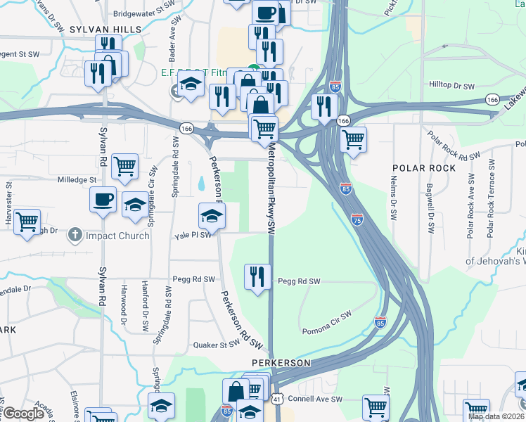 map of restaurants, bars, coffee shops, grocery stores, and more near 2285 Metropolitan Parkway Southwest in Atlanta