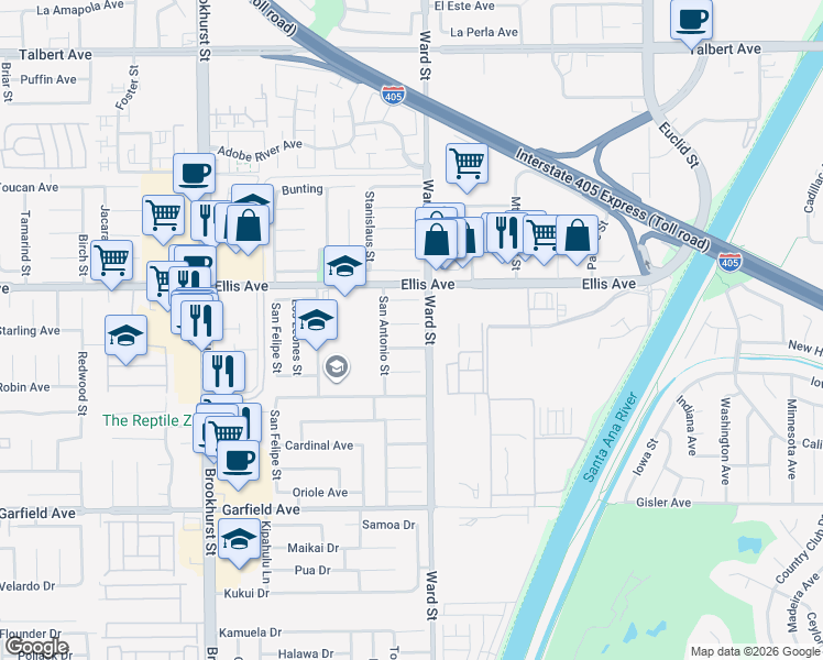 map of restaurants, bars, coffee shops, grocery stores, and more near 10460 Waxwing Circle in Fountain Valley