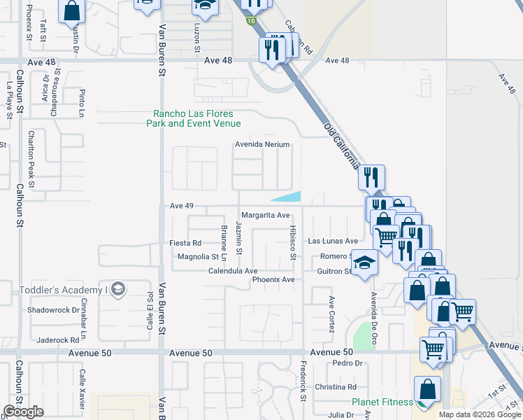 map of restaurants, bars, coffee shops, grocery stores, and more near 84360 Margarita Avenue in Coachella