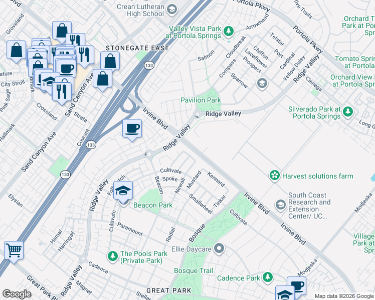 map of restaurants, bars, coffee shops, grocery stores, and more near 117 Thatch in Irvine