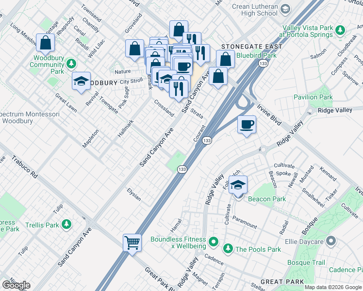 map of restaurants, bars, coffee shops, grocery stores, and more near 42 Bijou in Irvine