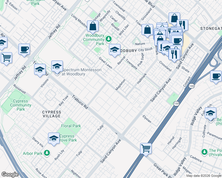 map of restaurants, bars, coffee shops, grocery stores, and more near 26 Twin Gables in Irvine