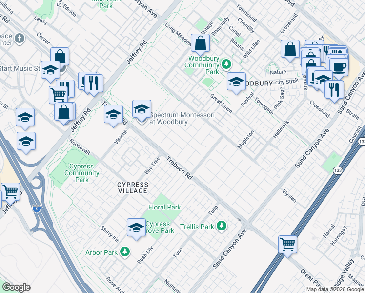 map of restaurants, bars, coffee shops, grocery stores, and more near 30 Waterspout in Irvine