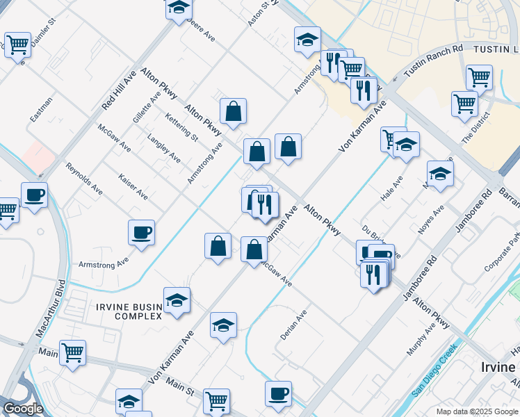 map of restaurants, bars, coffee shops, grocery stores, and more near 243 Steely in Irvine