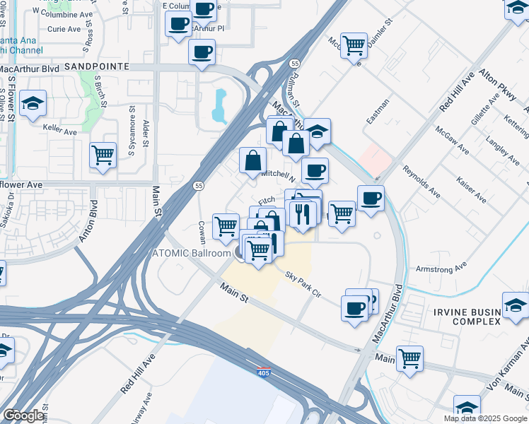 map of restaurants, bars, coffee shops, grocery stores, and more near 17802 Fitch in Irvine