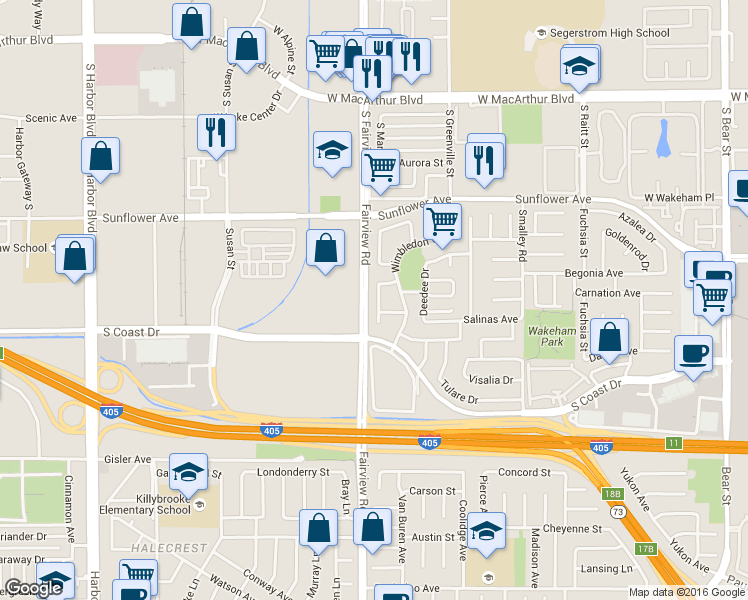 map of restaurants, bars, coffee shops, grocery stores, and more near 3425 Summerset Circle in Costa Mesa