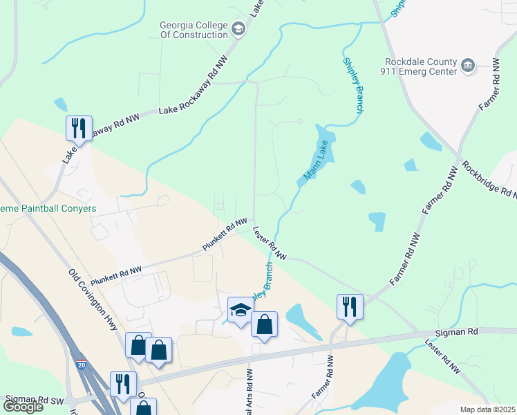 map of restaurants, bars, coffee shops, grocery stores, and more near 1800 Kings Row Northwest in Conyers