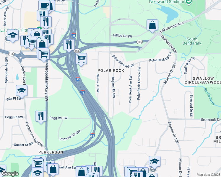 map of restaurants, bars, coffee shops, grocery stores, and more near 2264 Pryor Road Southwest in Atlanta
