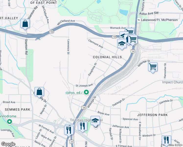 map of restaurants, bars, coffee shops, grocery stores, and more near 2266 Dauphine Street in East Point