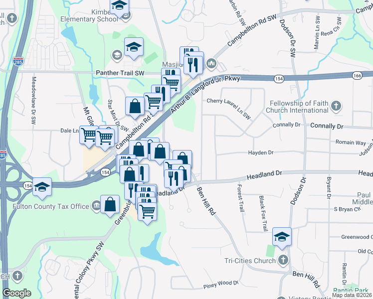 map of restaurants, bars, coffee shops, grocery stores, and more near 2288 Ben Hill Road in Atlanta