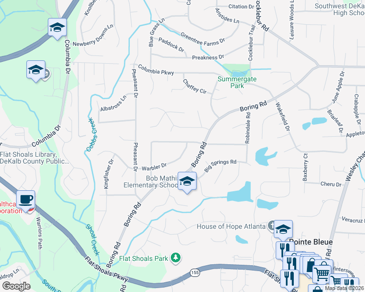 map of restaurants, bars, coffee shops, grocery stores, and more near 3624 Warbler Drive in Decatur