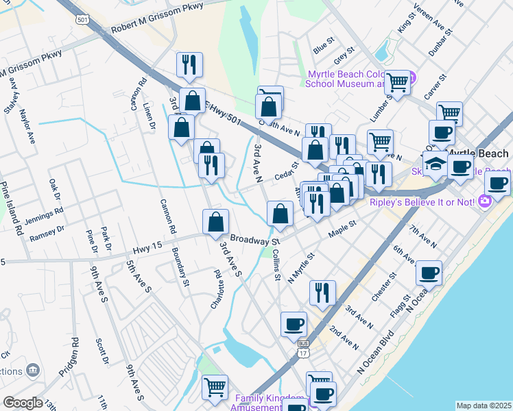 map of restaurants, bars, coffee shops, grocery stores, and more near 909 3rd Avenue South in Myrtle Beach