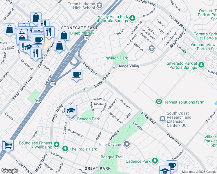 map of restaurants, bars, coffee shops, grocery stores, and more near 115 Thatch in Irvine