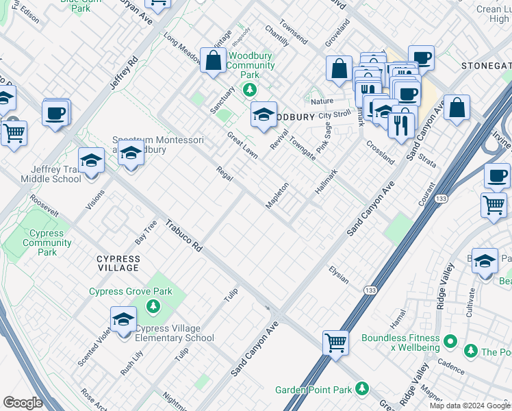 map of restaurants, bars, coffee shops, grocery stores, and more near 71 Clocktower in Irvine