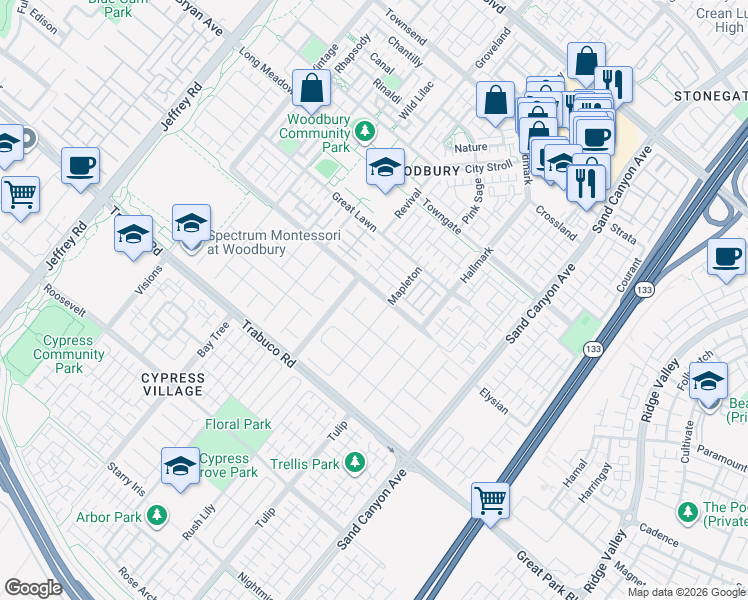 map of restaurants, bars, coffee shops, grocery stores, and more near 26 Twin Gables in Irvine