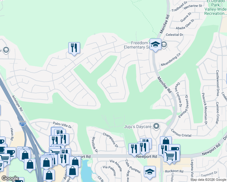 map of restaurants, bars, coffee shops, grocery stores, and more near 28594 Coolwater Court in Menifee
