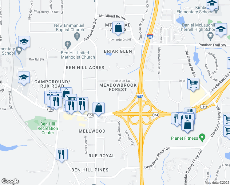 map of restaurants, bars, coffee shops, grocery stores, and more near 2311 Cherry Blossom Drive Southwest in Atlanta