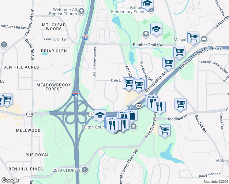 map of restaurants, bars, coffee shops, grocery stores, and more near 2311 Country Club Drive Southwest in Atlanta