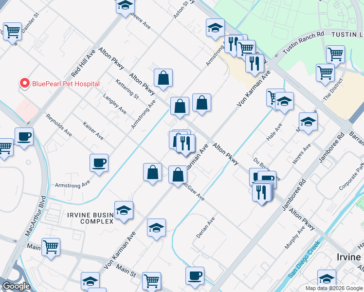 map of restaurants, bars, coffee shops, grocery stores, and more near 243 Steely in Irvine