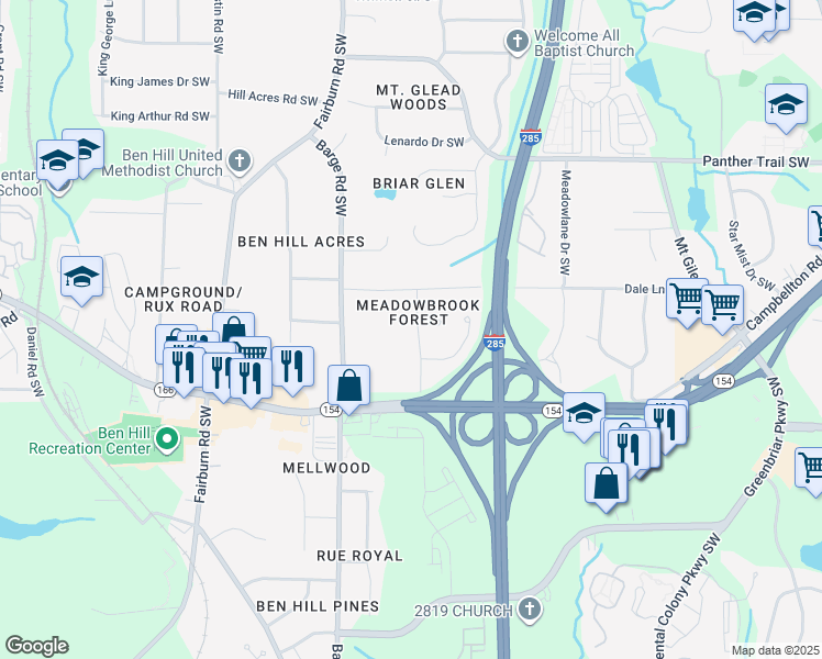 map of restaurants, bars, coffee shops, grocery stores, and more near 2297 Cherry Blossom Drive Southwest in Atlanta