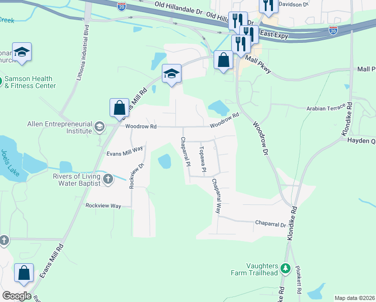 map of restaurants, bars, coffee shops, grocery stores, and more near 3104 Chaparral Place in Stonecrest