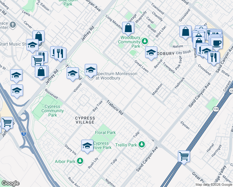 map of restaurants, bars, coffee shops, grocery stores, and more near 30 Waterspout in Irvine