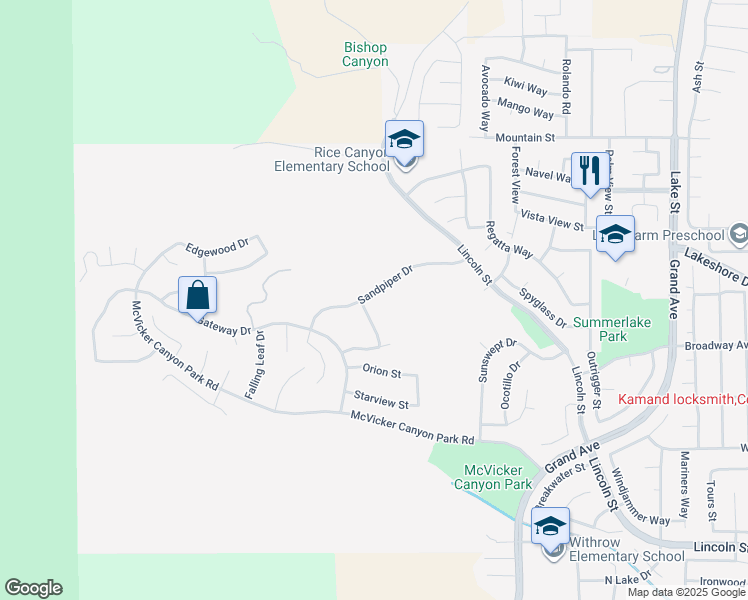 map of restaurants, bars, coffee shops, grocery stores, and more near 29260 Sandpiper Drive in Lake Elsinore