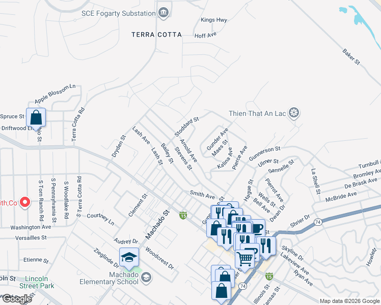 map of restaurants, bars, coffee shops, grocery stores, and more near Arnold Avenue in Lake Elsinore