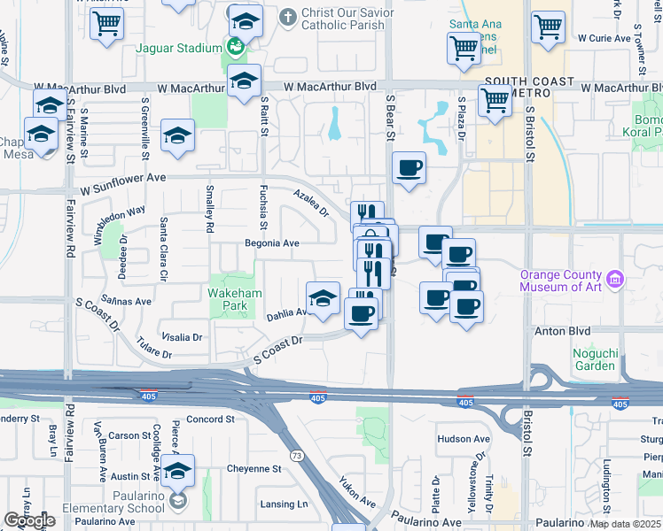 map of restaurants, bars, coffee shops, grocery stores, and more near 933 Carnation Avenue in Costa Mesa