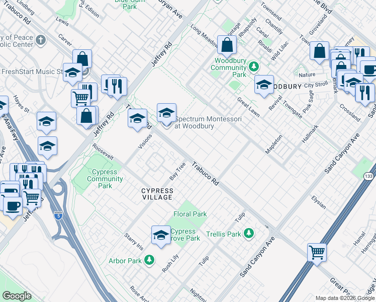 map of restaurants, bars, coffee shops, grocery stores, and more near 26 Lookout in Irvine