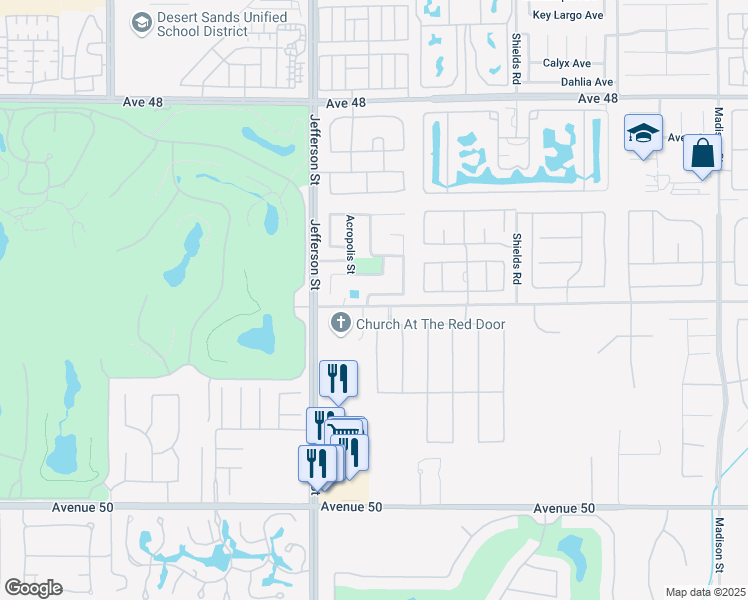 map of restaurants, bars, coffee shops, grocery stores, and more near 80150 Malaga Gate in Indio