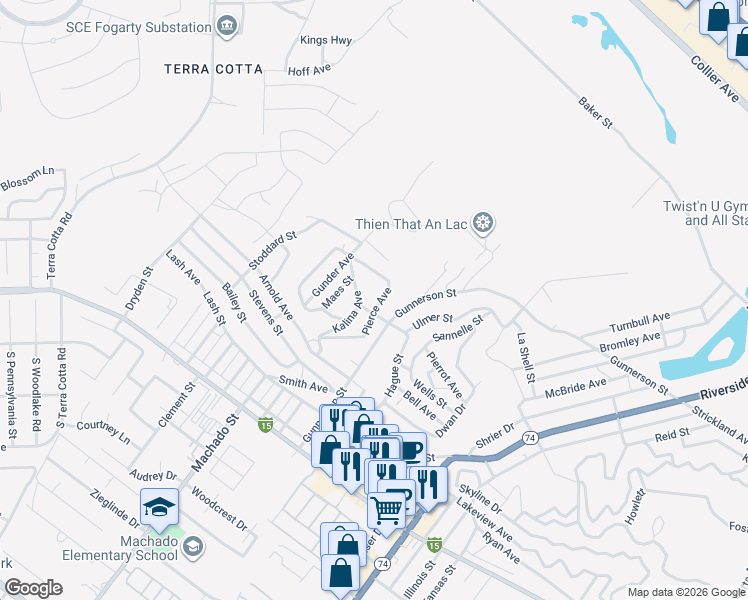 map of restaurants, bars, coffee shops, grocery stores, and more near Pierce Street in Lake Elsinore