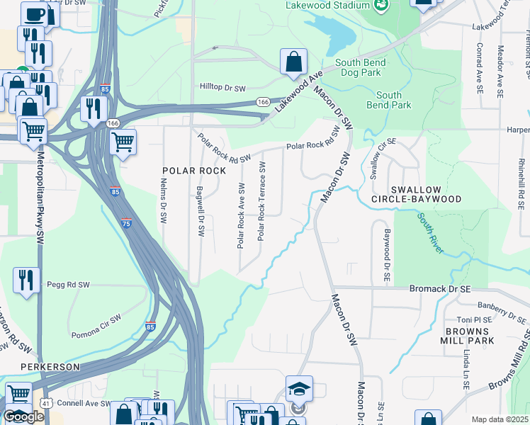 map of restaurants, bars, coffee shops, grocery stores, and more near 2258 Polar Rock Terrace Southwest in Atlanta