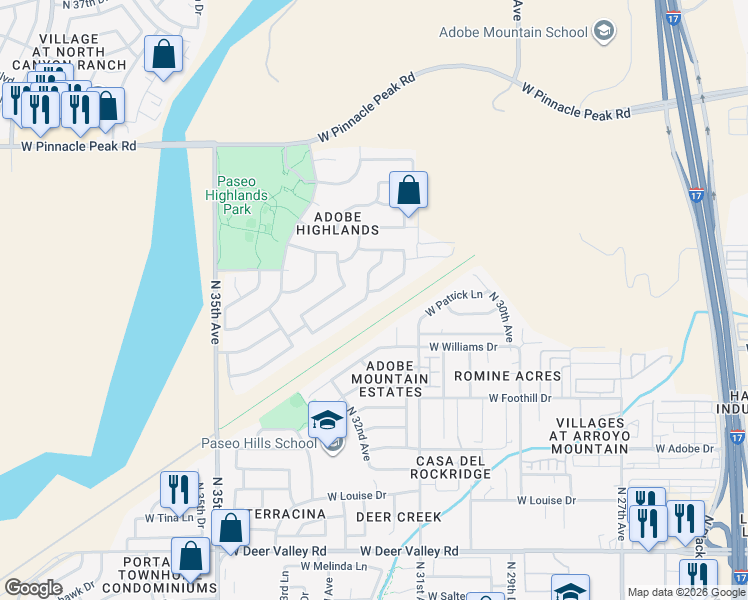 map of restaurants, bars, coffee shops, grocery stores, and more near 3201 West Adobe Dam Road in Phoenix