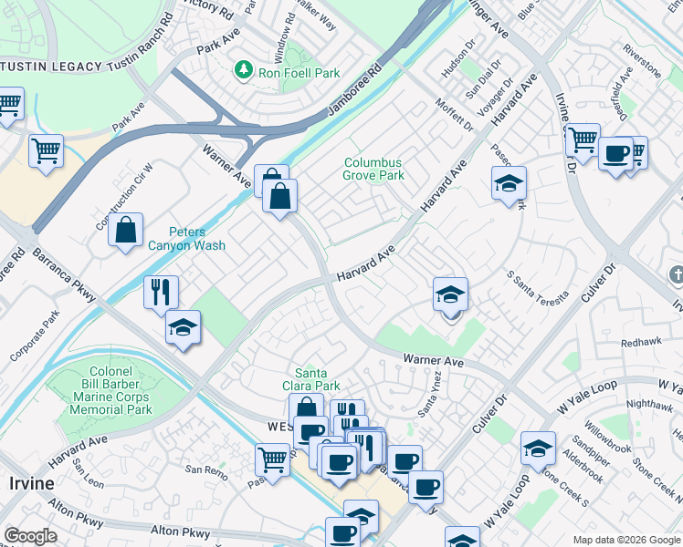 map of restaurants, bars, coffee shops, grocery stores, and more near Harvard Avenue in Irvine