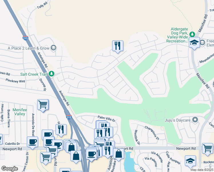 map of restaurants, bars, coffee shops, grocery stores, and more near 28140 Long Meadow Drive in Menifee